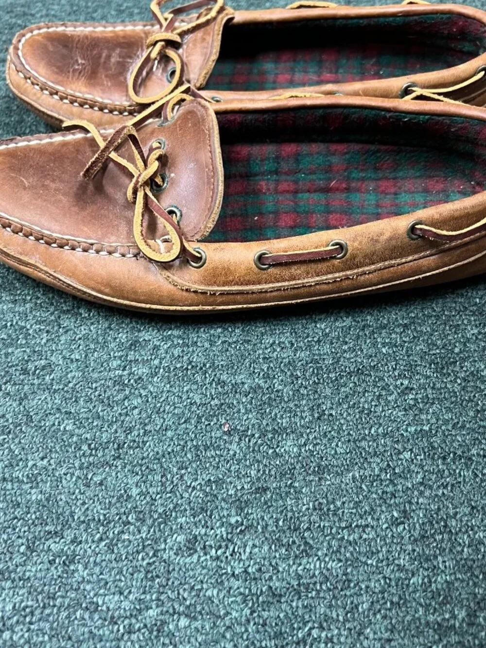Brown Genuine Leather Boat Shoes Deck Loafers Moc Toe Plaid Lined Vtg handmade